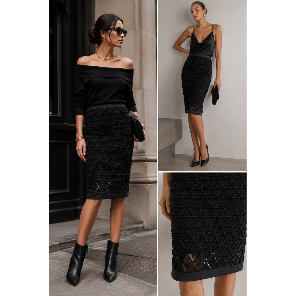Elizabeth and James Black Textured Triangle Pencil Skirt Silk Combo Size 2